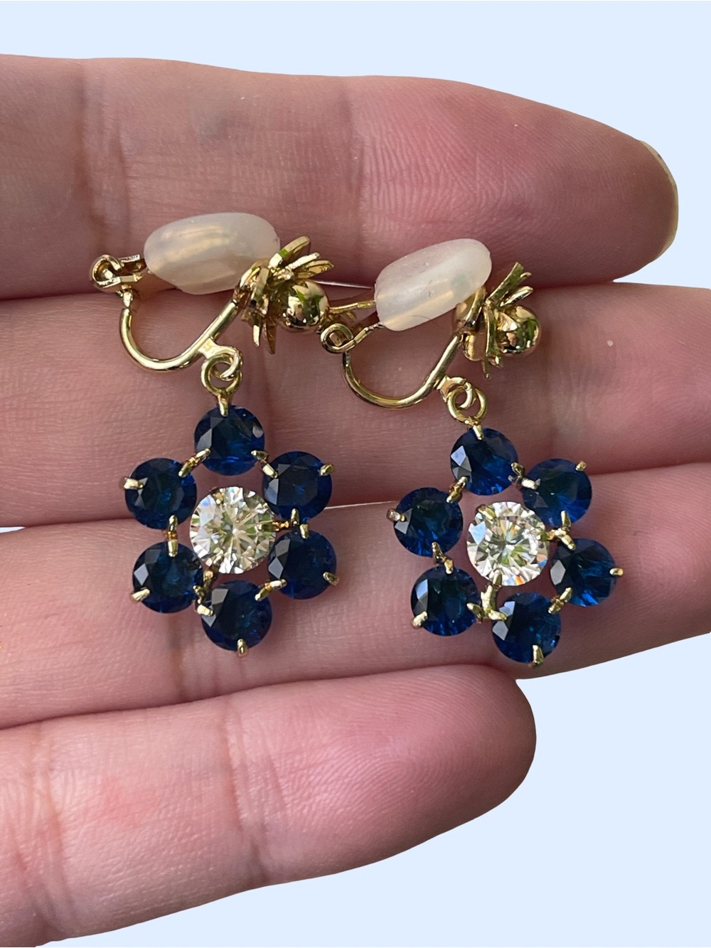 Gold-Tone Blue Crystal Flower Clip-On Earrings